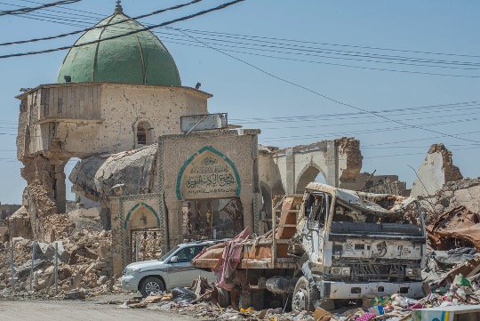 The remnants of the Great Mosque of al-Nuri after destruction by ISIS forces