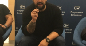 An image of Christian Picciolini, a former skinhead on the panel Fighting the Flames: A Conversation With Former Members of Violent Organization.